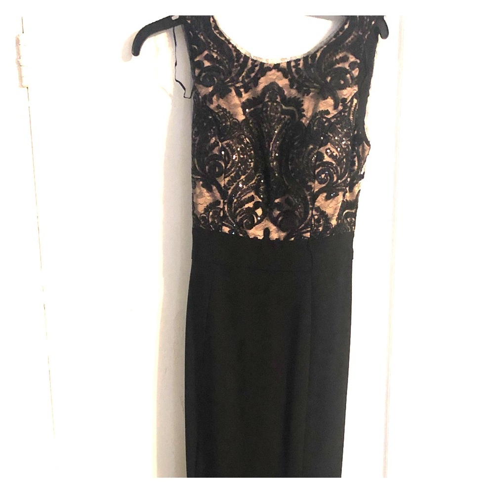 R & M Richards long evening gown with tied waist.